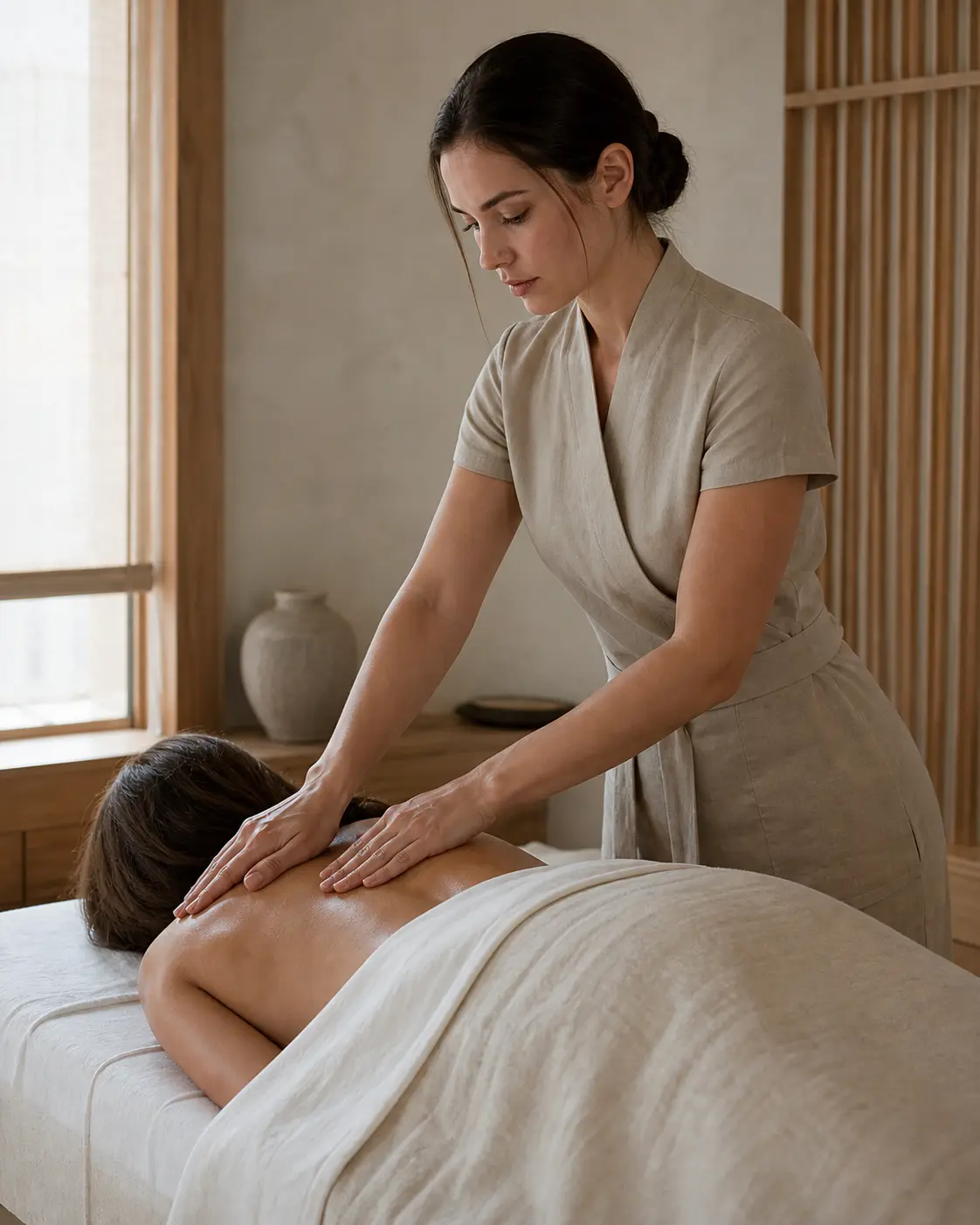 Massage therapist providing a professional upper-back treatment